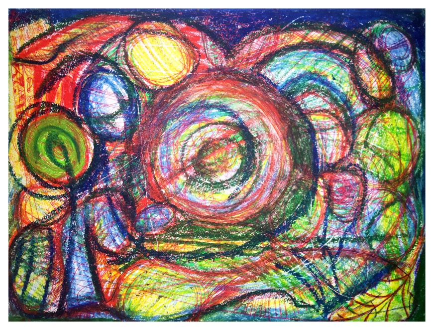 Zonder titel, 2011, tijdens mijn laatste opname. (Wasco). NB In deze tekening verstopte ik in mijn waan mijn ontdekte waarheden. Ik was zo bang dat anderen het zouden vinden en misbruiken. Met een rode ballpoint maakte ik daarom een onnavolgbare route in de hoop dat mijn eureka's nooit gevonden zouden worden.