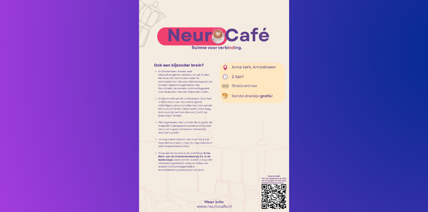 Ben je bijvoorbeeld autistisch, ADHD’er, dyslectisch, of herken jij je in de term neurodivergent? Je bent welkom bij Neurocafé Amstelveen.